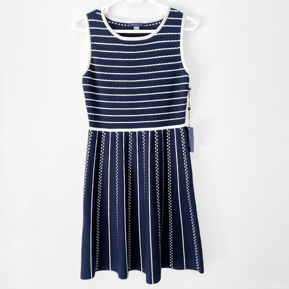 NEW Tommy Hilfiger Striped Cotton-Blend Fit-and-Flare Knitted Dress in Navy, S - Picture 5 of 14